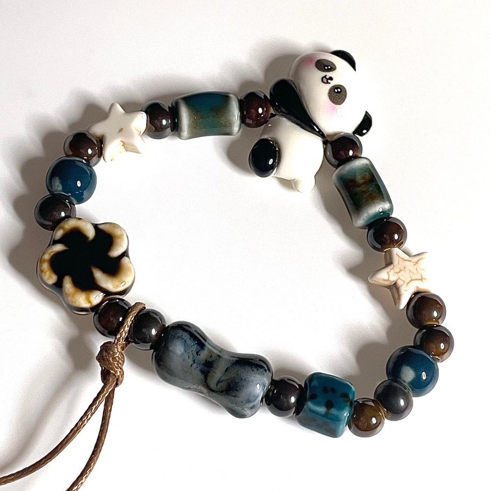 Panda Bear Bracelet Brown Star Blue Boho Ceramic Beaded Elastic Stretchy